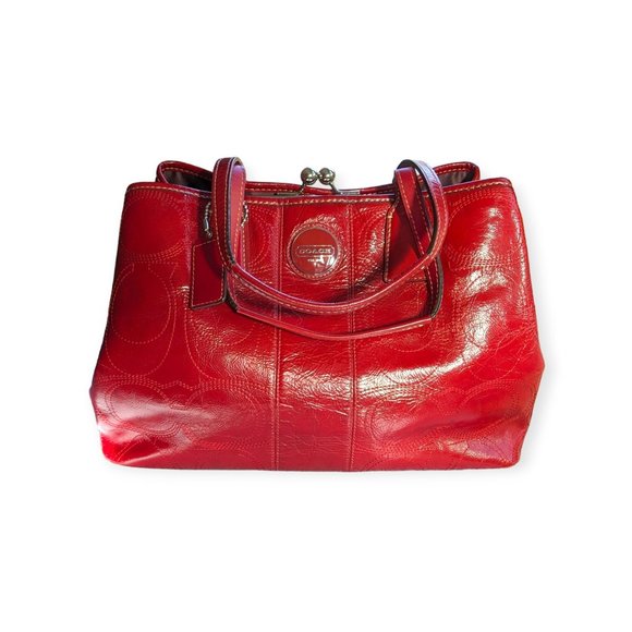 Red Patent Leather Satchel Carry-All Stitch Monogram Bag 2011 🎉 - Picture 1 of 16